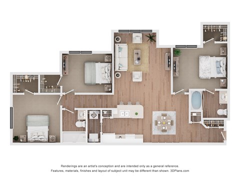 Floor plan for 3 beds, 2 baths, 1165 sqft